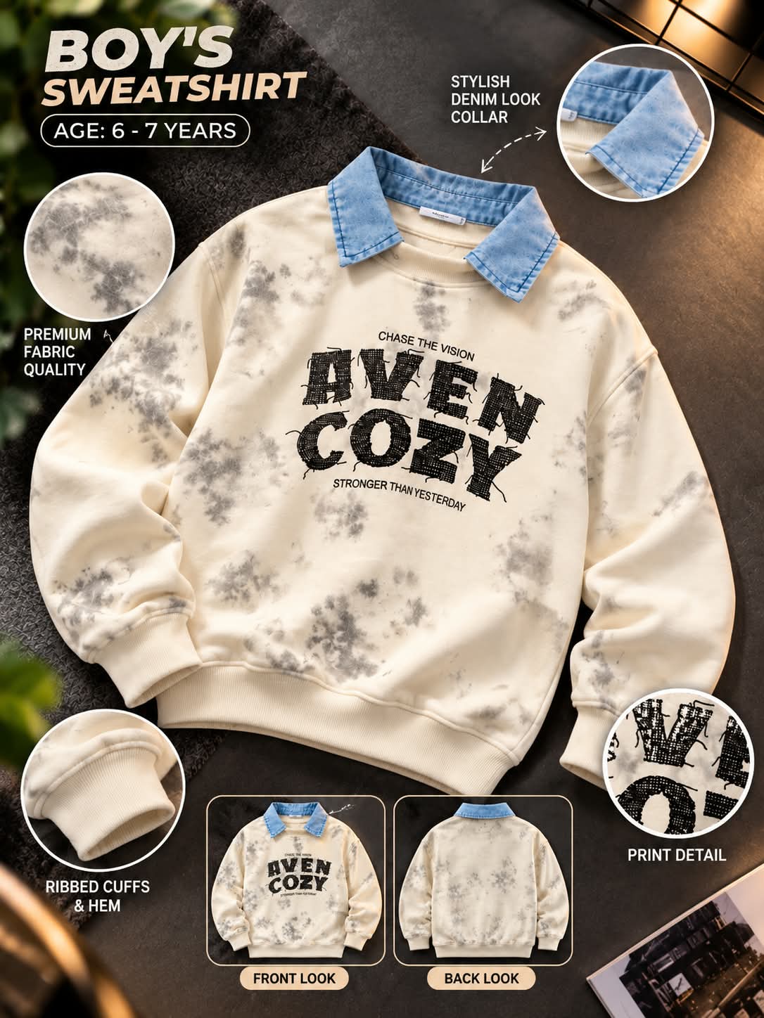 Boys Beige Tie-Dye Sweatshirt with Denim Collar & Graphic Print | Sizes 6β11 Years