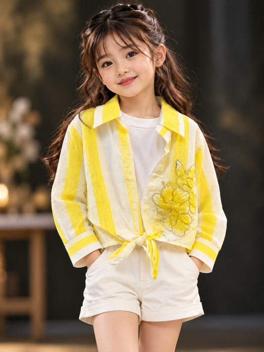 Girls Yellow Striped Tie-Up Shirt with Floral Embroidery | Sizes 24–36