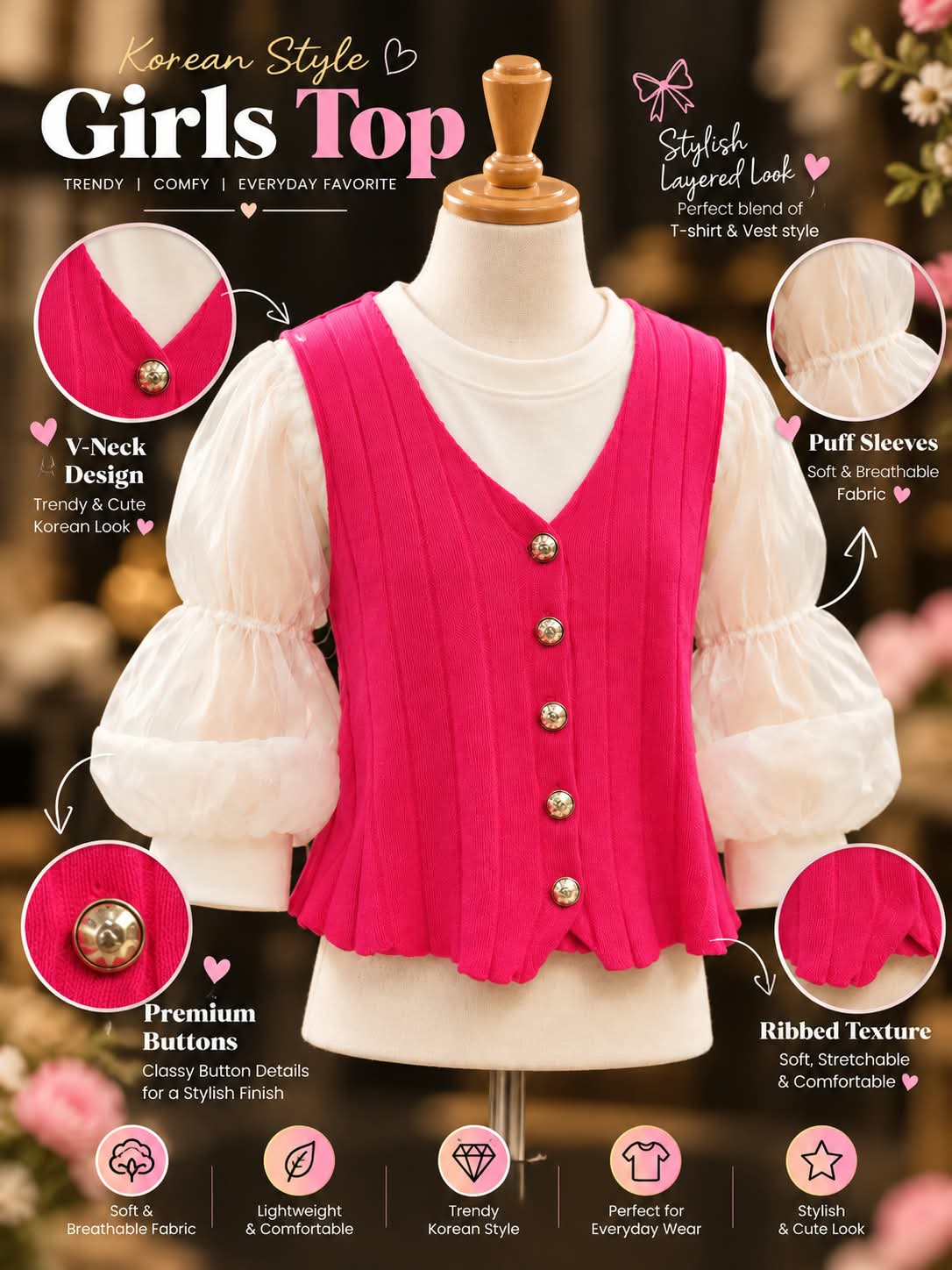 Girls Pink Button-Front Vest Top with White Puff Sleeves | Sizes 24–34