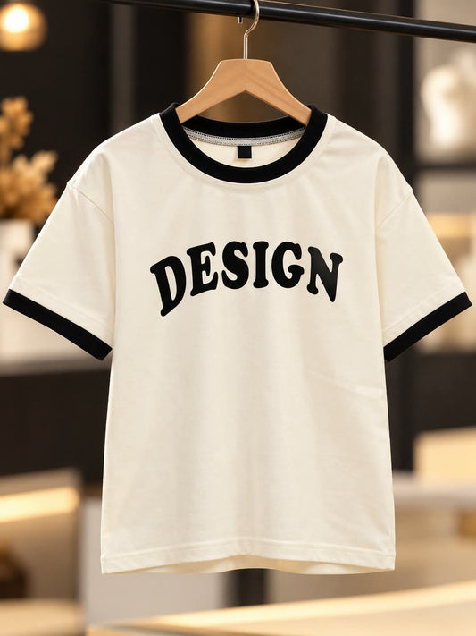 Girls White Oversized T-Shirt with Black Contrast Trim & Graphic Print | Sizes 24–36