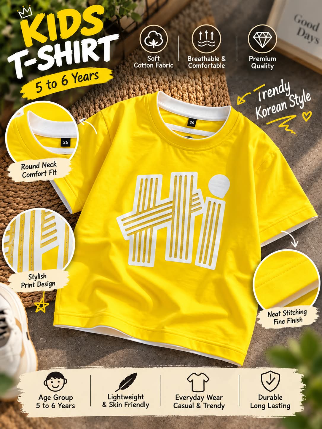 Girls Yellow Oversized T-Shirt with White Graphic Print | Sizes 26–38