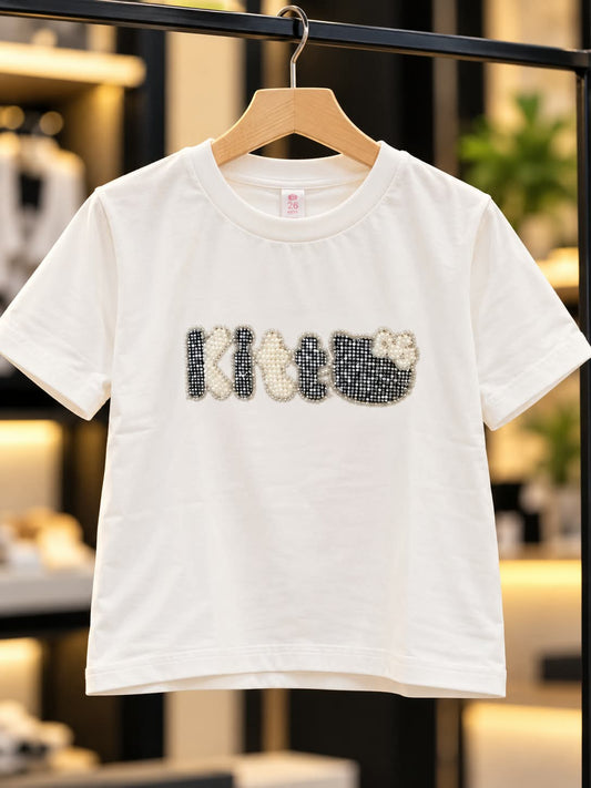 Girls White Oversized T-Shirt with Pearl & Rhinestone Graphic | Sizes 24–36