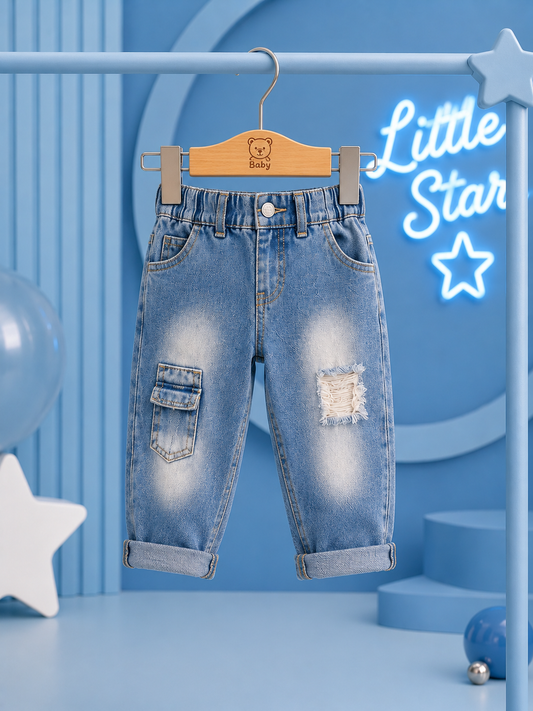 Baby Boys Sky Blue Cargo Denim Jeans | Soft Stretch Distressed Jeans (6M–3 Years)