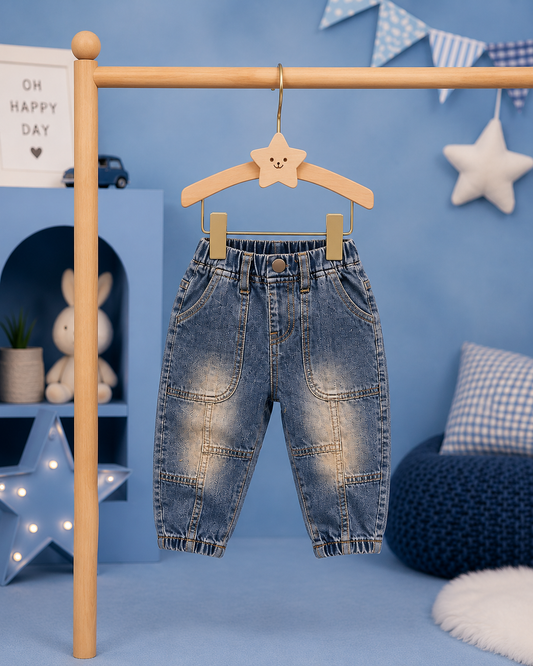 Kids Light Blue Patchwork Jogger Jeans | Soft Denim | 6 Months – 3 Years