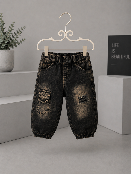 Kids Vintage Black Cargo Jogger Jeans | Soft Denim | 6 Months – 3 Years