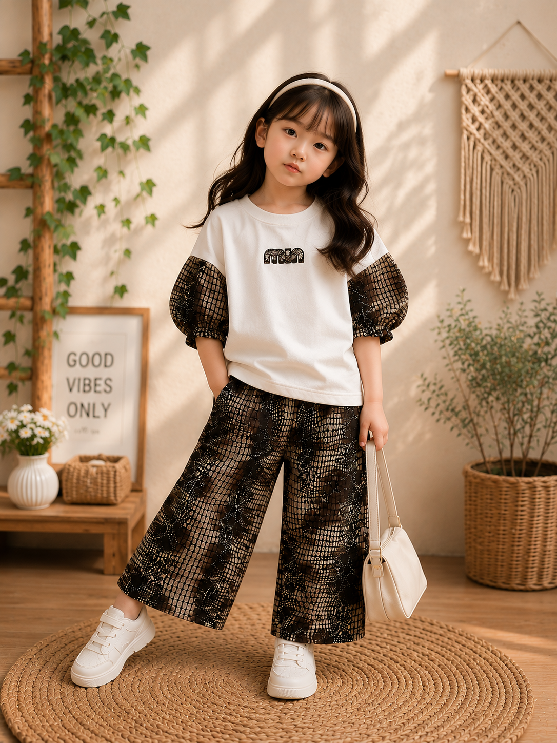 Girls Premium Puff Sleeve Co-Ord Set | Korean Style Printed Top & Wide Leg Pants | 2-7 Years