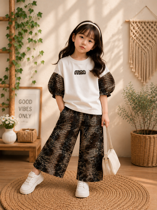 Girls Premium Puff Sleeve Co-Ord Set | Korean Style Printed Top & Wide Leg Pants | 2-7 Years
