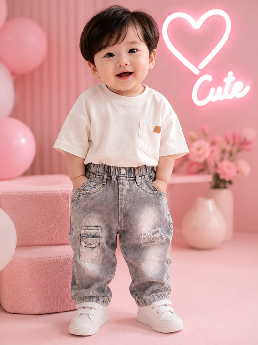 Baby Boys Grey Cargo Denim Jeans | Premium Soft Stretch Casual Jeans (6M–3 Years)