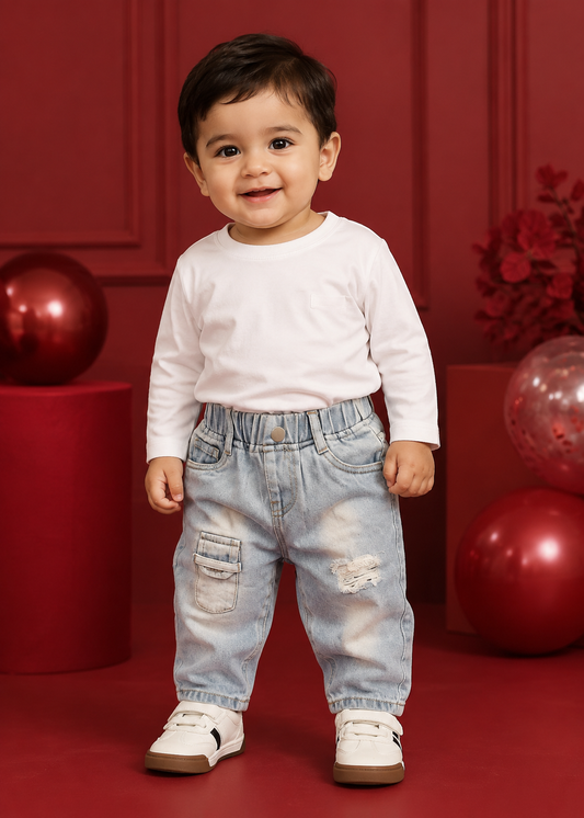 Baby Boys Light Blue Cargo Denim Jeans | Soft Stretch Casual Jeans (6M–3 Years)