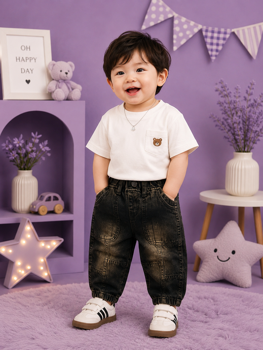 Kids Vintage Black Patchwork Jogger Jeans | Soft Denim | 6 Months – 3 Years