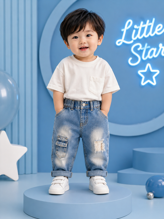 Baby Boys Sky Blue Cargo Denim Jeans | Soft Stretch Distressed Jeans (6M–3 Years)