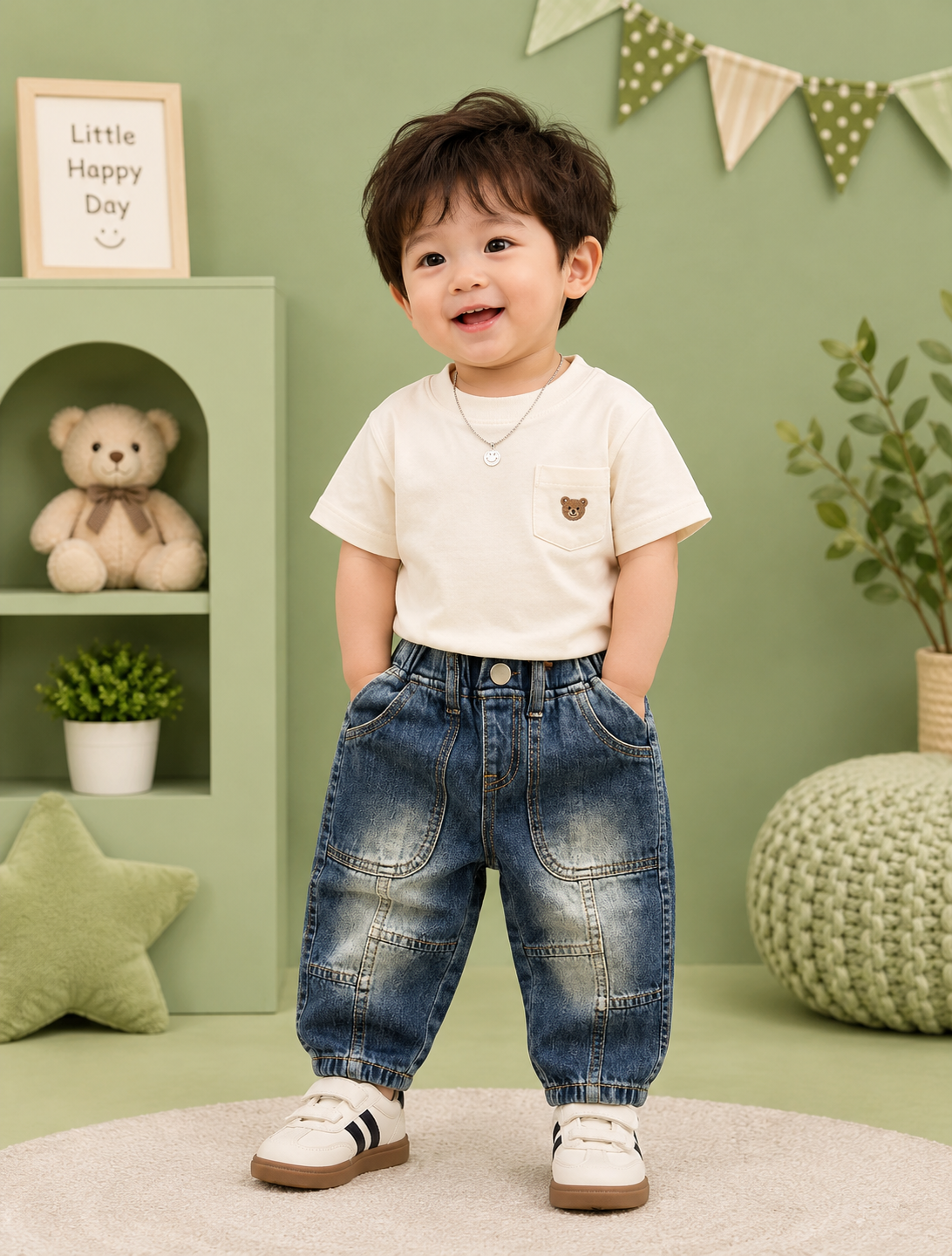 Kids Blue Patchwork Jogger Jeans | Soft Denim | 6 Months – 3 Years