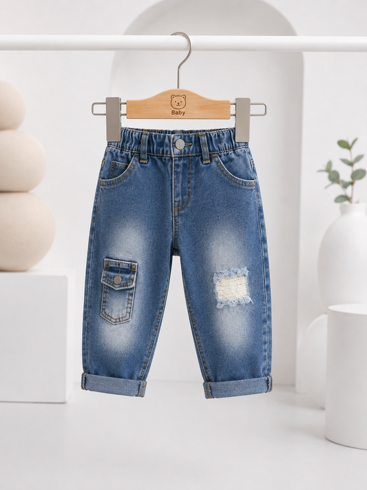Baby Boys Dark Blue Cargo Denim Jeans | Premium Soft Stretch Jeans (6M–3 Years)