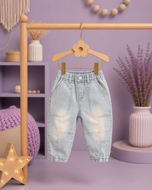 Kids Ice Blue Patchwork Jogger Jeans | Soft Denim | 6 Months – 3 Years