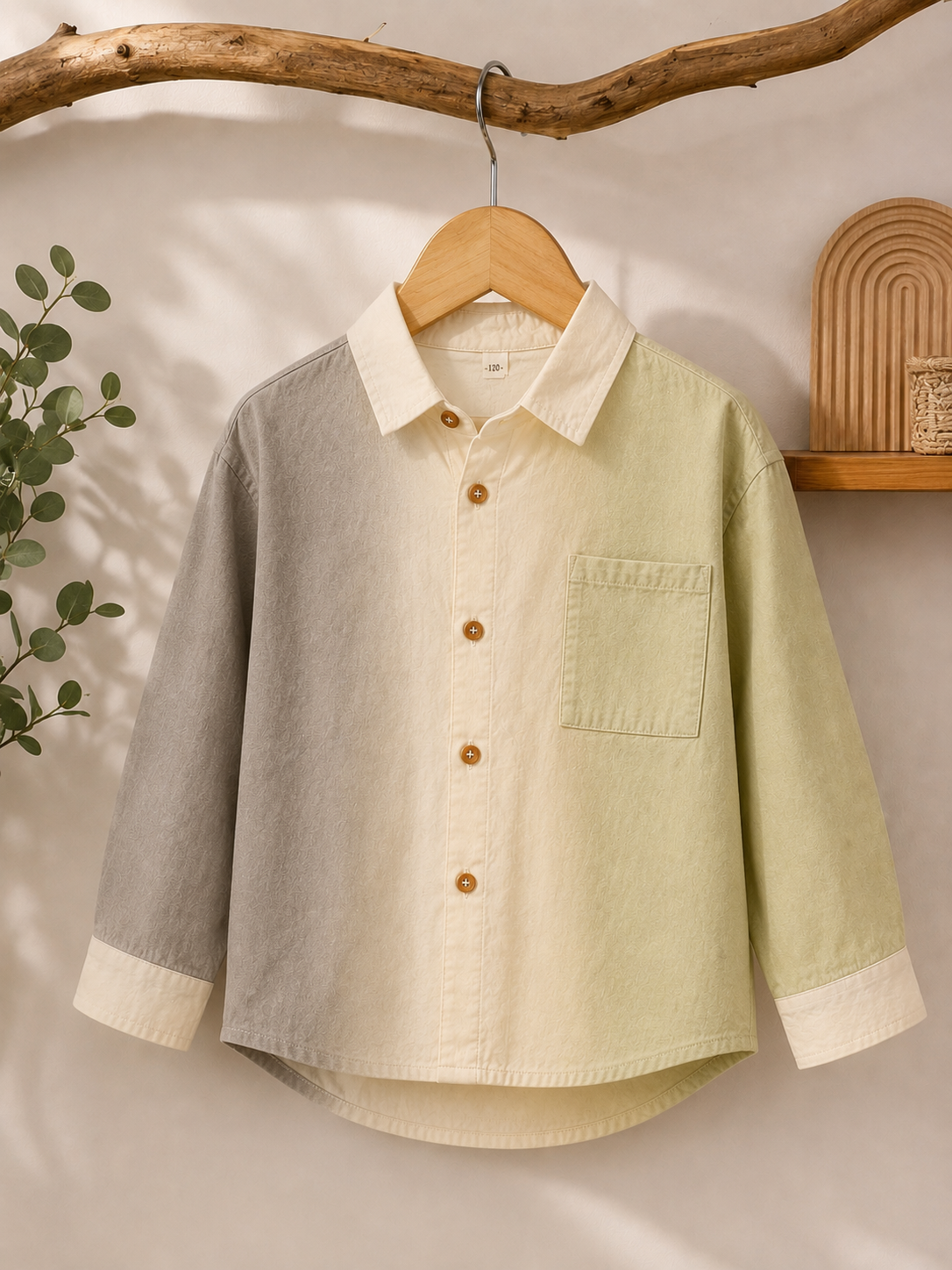Boys Korean Style Color Block Casual Shirt – Grey, Cream & Sage Green | Premium Cotton | 2–7 Years