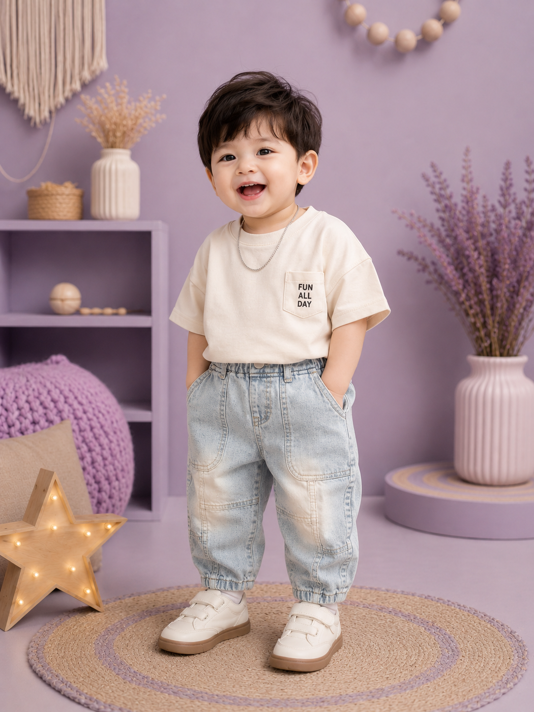 Kids Ice Blue Patchwork Jogger Jeans | Soft Denim | 6 Months – 3 Years