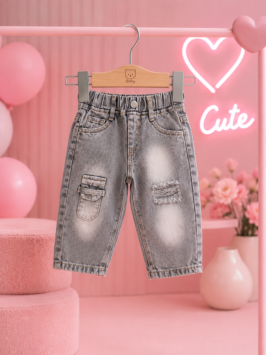 Baby Boys Grey Cargo Denim Jeans | Premium Soft Stretch Casual Jeans (6M–3 Years)
