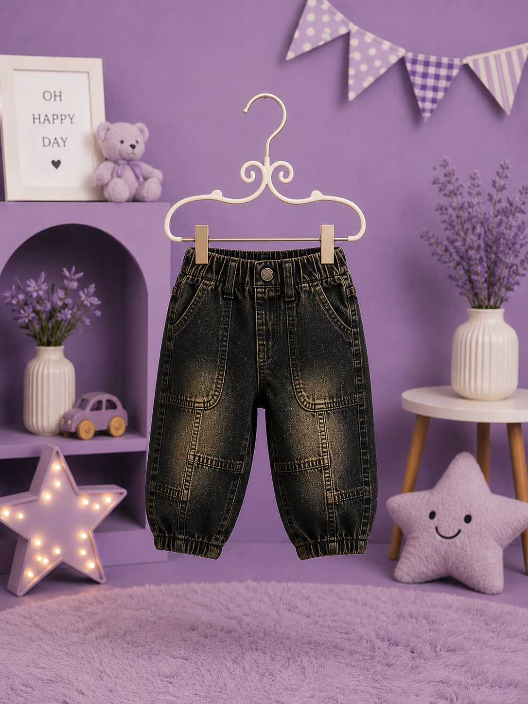 Kids Vintage Black Patchwork Jogger Jeans | Soft Denim | 6 Months – 3 Years