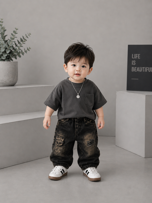 Kids Vintage Black Cargo Jogger Jeans | Soft Denim | 6 Months – 3 Years