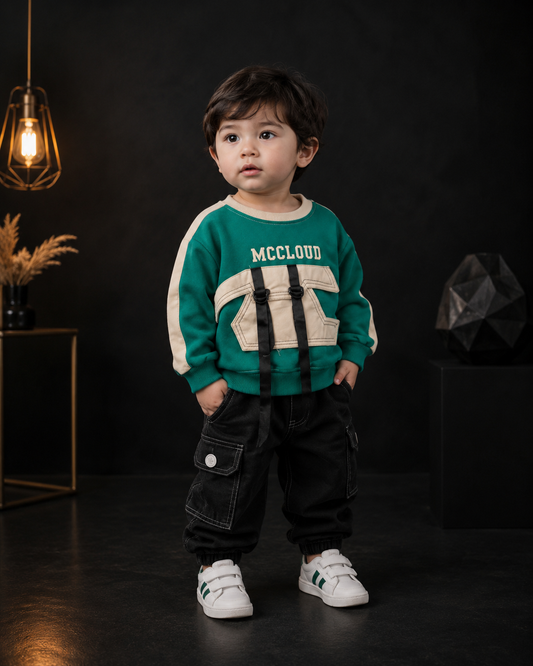 Boys Premium Green Patch Sweatshirt | Korean Style Full Sleeve Winter Sweatshirt | 1-6 Years