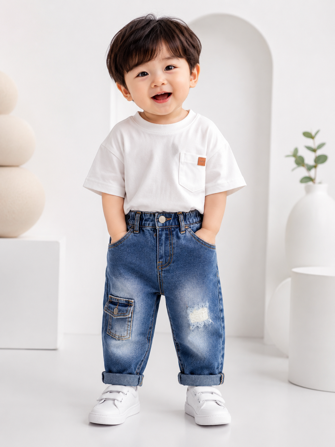 Baby Boys Dark Blue Cargo Denim Jeans | Premium Soft Stretch Jeans (6M–3 Years)