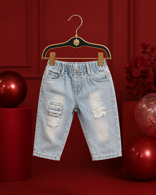 Baby Boys Light Blue Cargo Denim Jeans | Soft Stretch Casual Jeans (6M–3 Years)