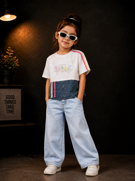 Girls Heart Print White & Denim Patchwork Casual Top | Stylish Cotton Kids T-Shirt (4-12 Years)