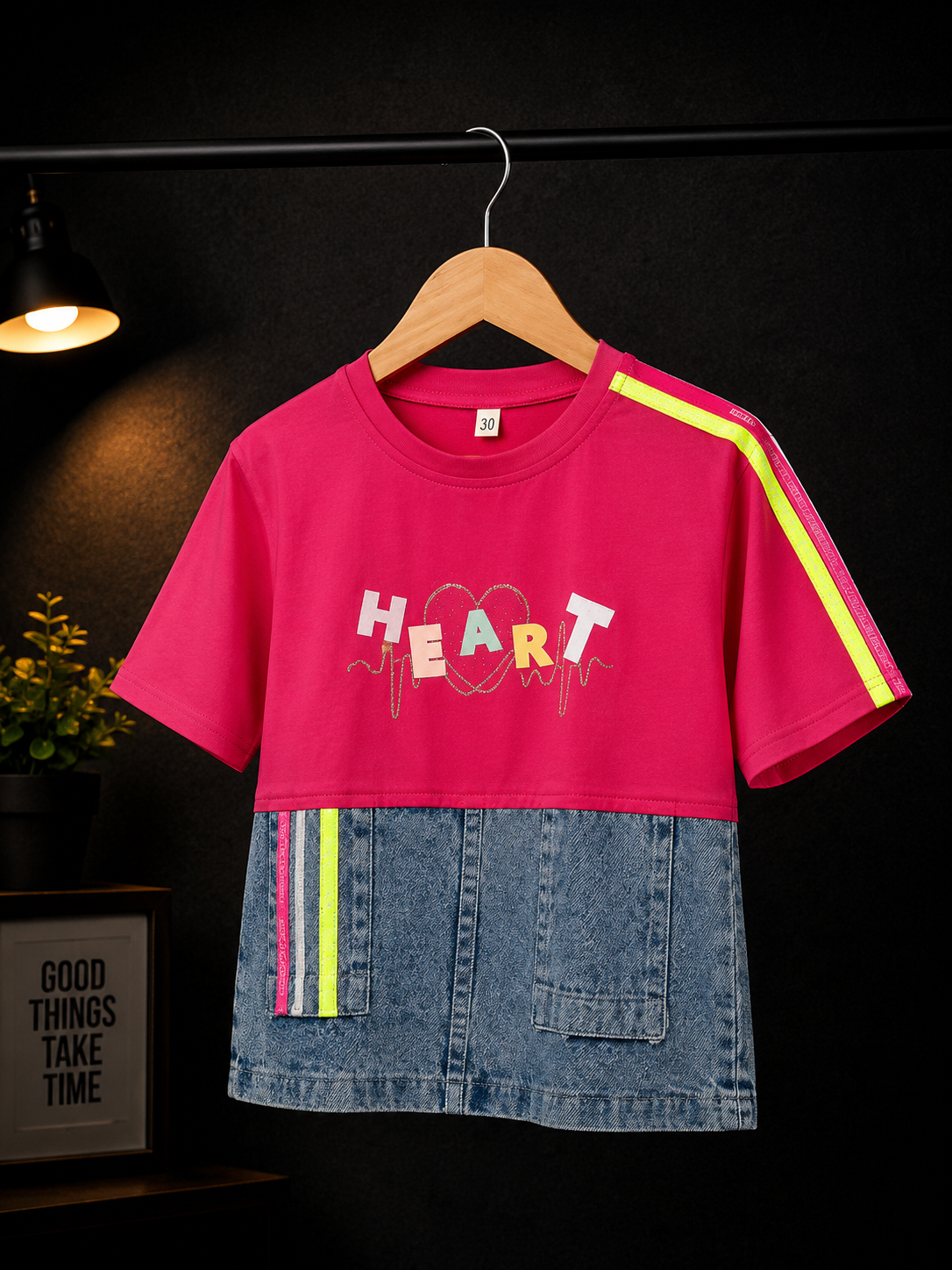 Girls Heart Print Pink & Denim Patchwork Casual Top | Stylish Cotton Kids T-Shirt (4-12 Years)