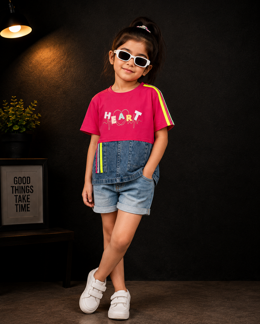 Girls Heart Print Pink & Denim Patchwork Casual Top | Stylish Cotton Kids T-Shirt (4-12 Years)