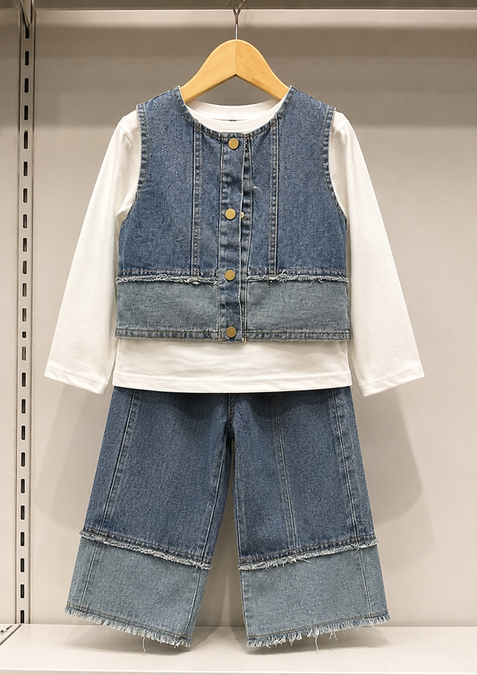 Girls 3-Piece Denim Co-Ord Set | Korean Style Denim Vest, Full Sleeve T-Shirt & Wide Leg Pants | 1-5 Years