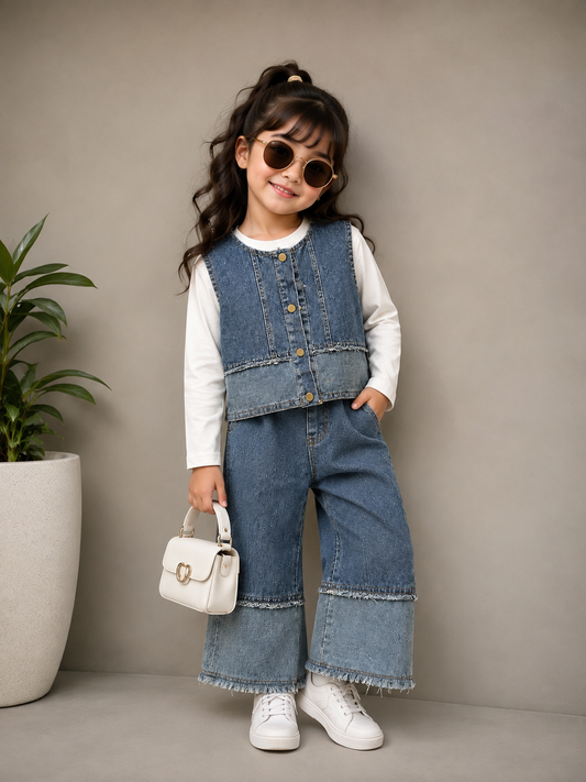 Girls 3-Piece Denim Co-Ord Set | Korean Style Denim Vest, Full Sleeve T-Shirt & Wide Leg Pants | 1-5 Years