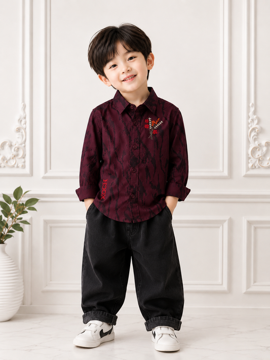 Boys Maroon Floral Embroidered Casual Shirt | Premium Cotton Blend | 1–5 Years