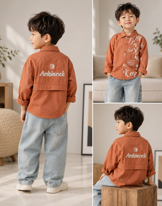 Boys Rust Orange Printed Full Sleeve Cotton Shirt | Casual Korean Style | 1-5 Years