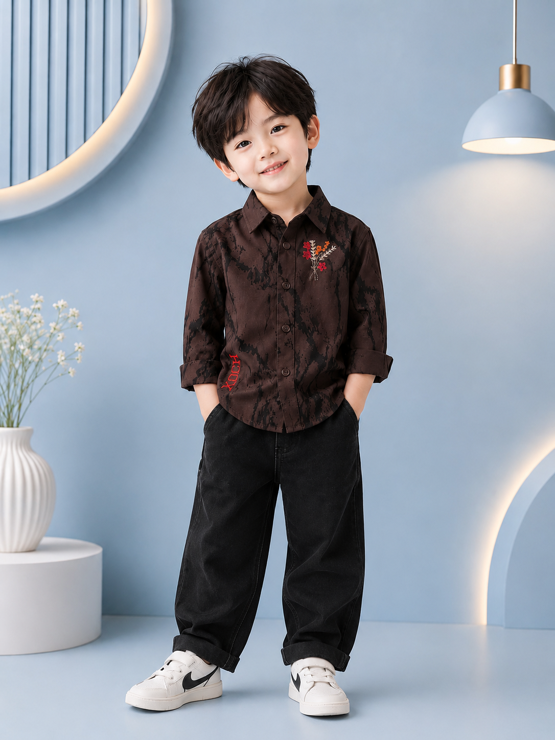 Boys Premium Brown Printed Embroidered Cotton Shirt | Casual Party Wear (1–5 Years)