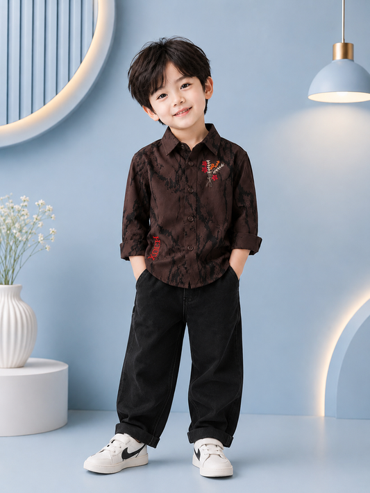 Boys Premium Brown Printed Embroidered Cotton Shirt | Casual Party Wear (1–5 Years)