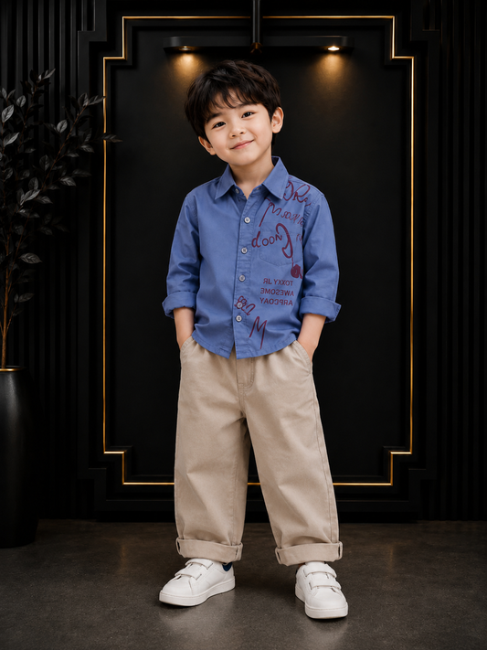 Boys Sky Blue Printed Casual Cotton Shirt | Premium Korean Style | 1-5 Years