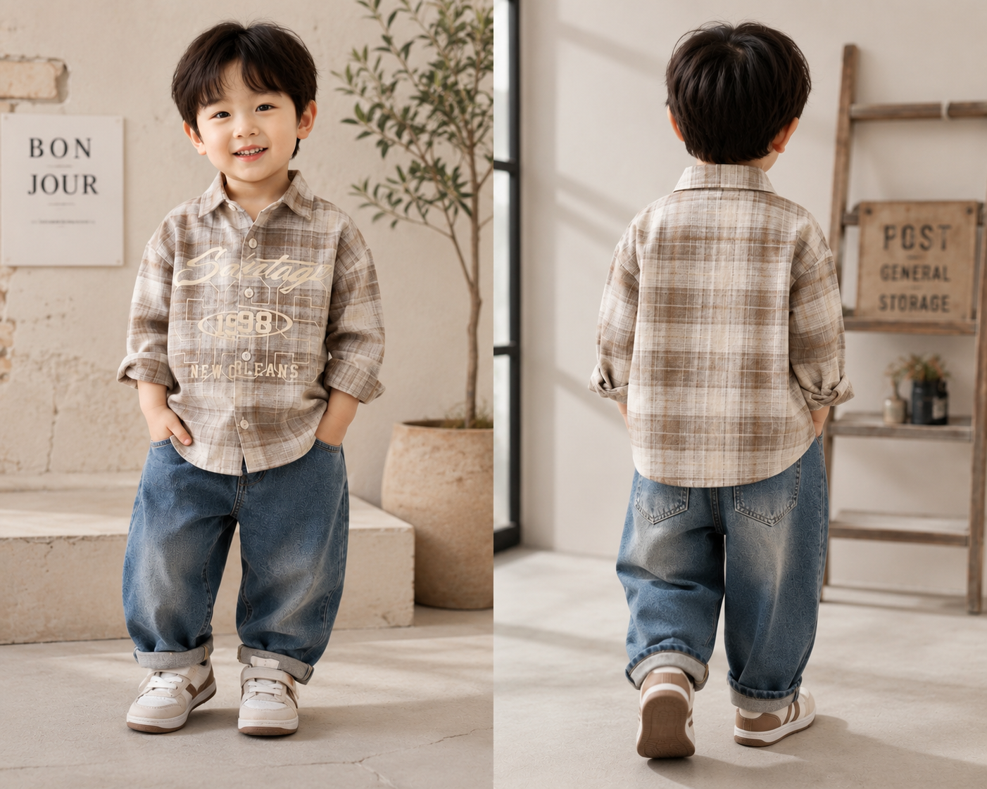 Boys Korean Style Plaid Full Sleeve Casual Shirt | Soft Cotton Blend | 1-5 Years