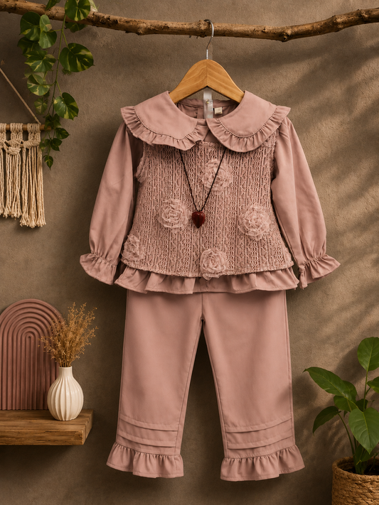 Girls Premium Floral Lace Co-Ord Set | Korean Style Full Sleeve Top & Ruffle Pants | 2-6 Years