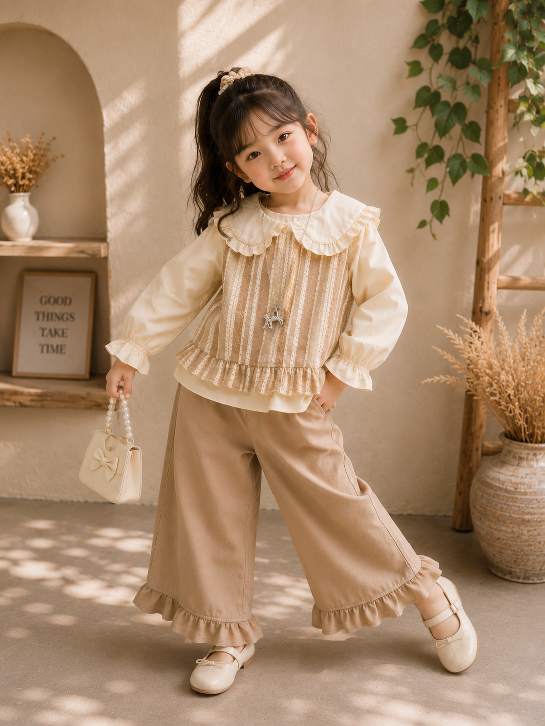 Girls Premium Ruffle Collar Co-Ord Set | Korean Style Lace Top & Wide Leg Pants | 2-6