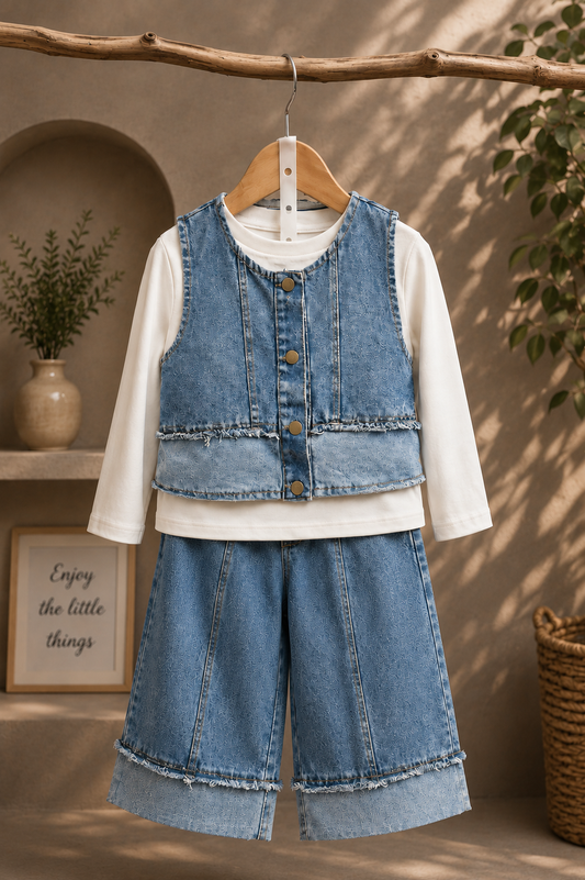 Girls 3-Piece Denim Co-Ord Set | Korean Style Denim Vest, Full Sleeve T-Shirt & Wide Leg Pants | 1-5 Years