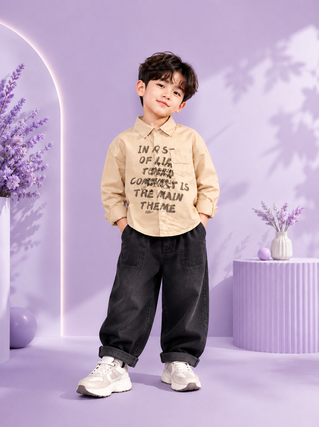 Boys Premium Beige Printed Full Sleeve Shirt | Casual Party Wear (2–7 Years)