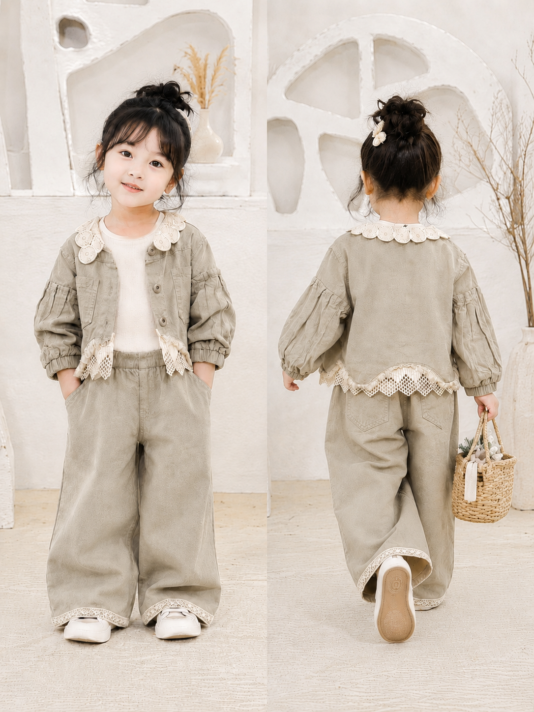 Girls Premium Lace Collar Co-Ord Set | Korean Style Jacket & Wide Leg Pants | 1-12 Years