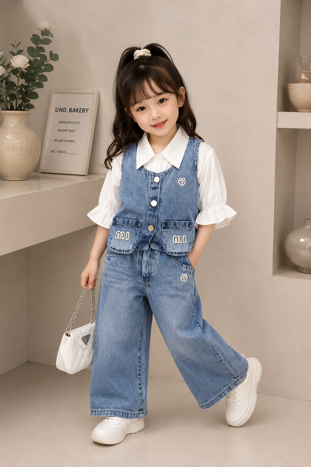 Girls 3-Piece Denim Co-Ord Set | White Top, Denim Vest & Wide Leg Jeans (14-22)