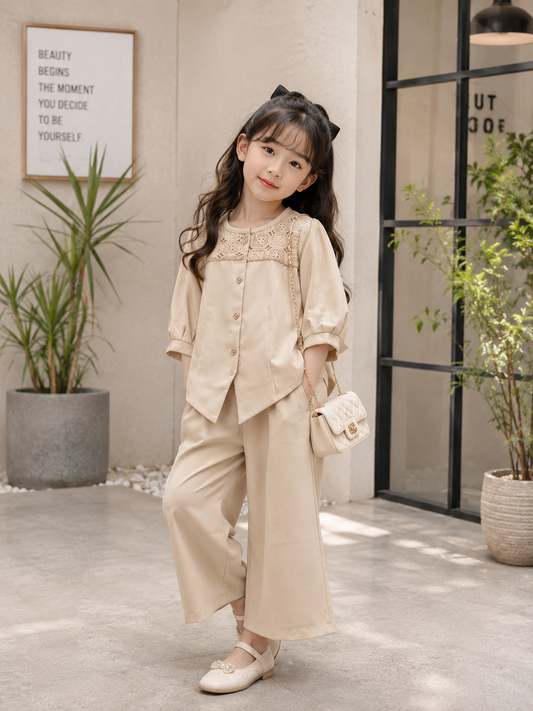 Girls Premium Beige Lace Yoke Co-Ord Set | Elegant Top & Wide Leg Pant Set (4–11 Years)