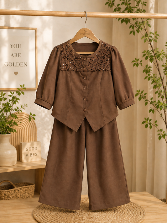 Girls Premium Chocolate Brown Lace Co-Ord Set | Elegant Top & Wide Leg Pant Set (4–11 Years)