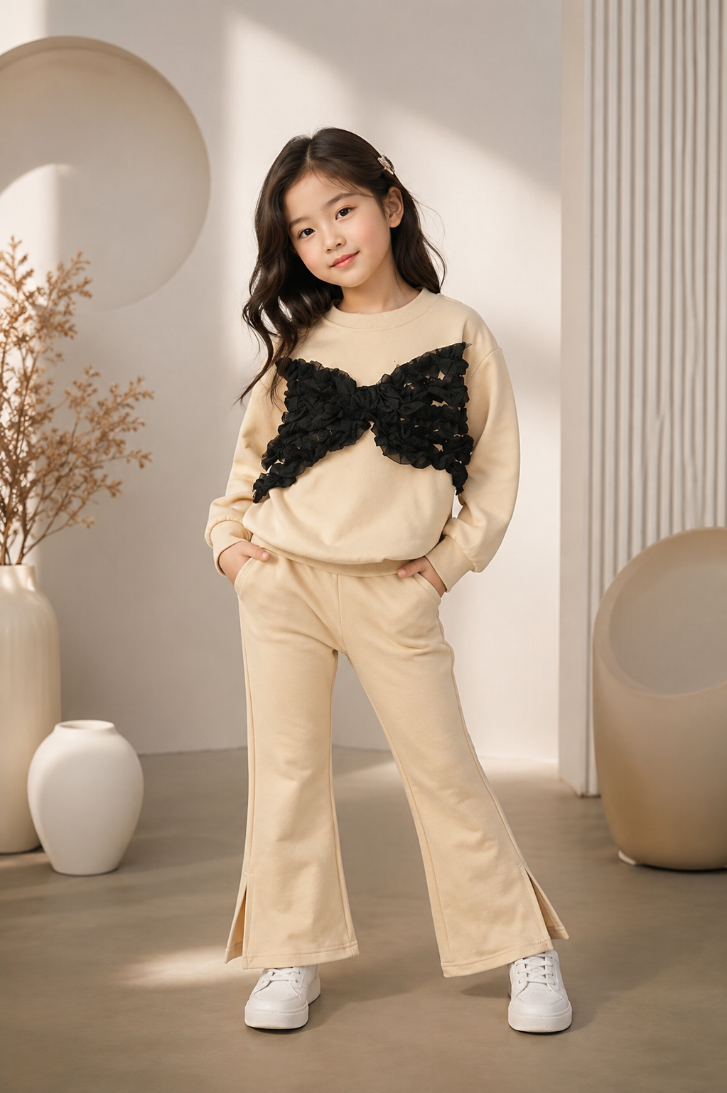 Girls Premium Beige Bow Co-Ord Set | Soft Cotton Winter Outfit (6-11 Years)