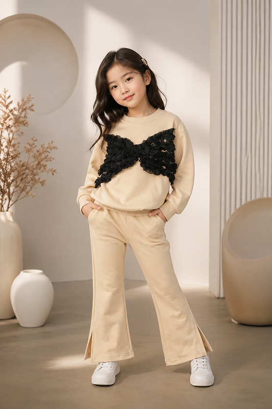 Girls Premium Beige Bow Co-Ord Set | Soft Cotton Winter Outfit (6-11 Years)