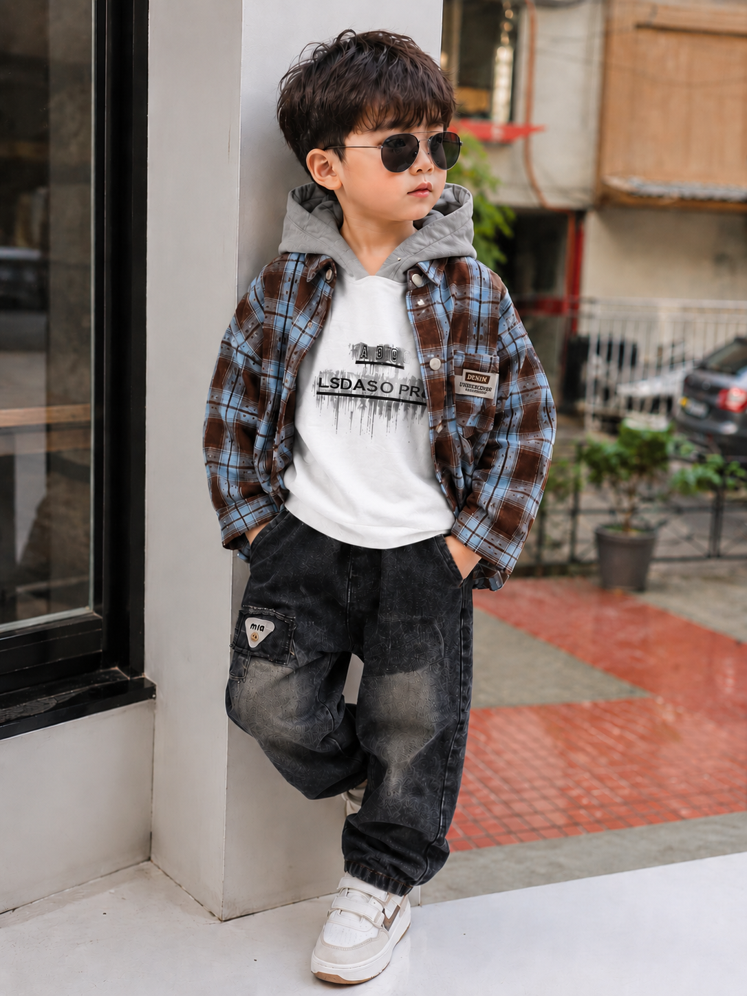 Boys 3-Piece Checked Hoodie Shirt & Black Denim Jeans Set | Casual Winter Outfit | 1-5 Years