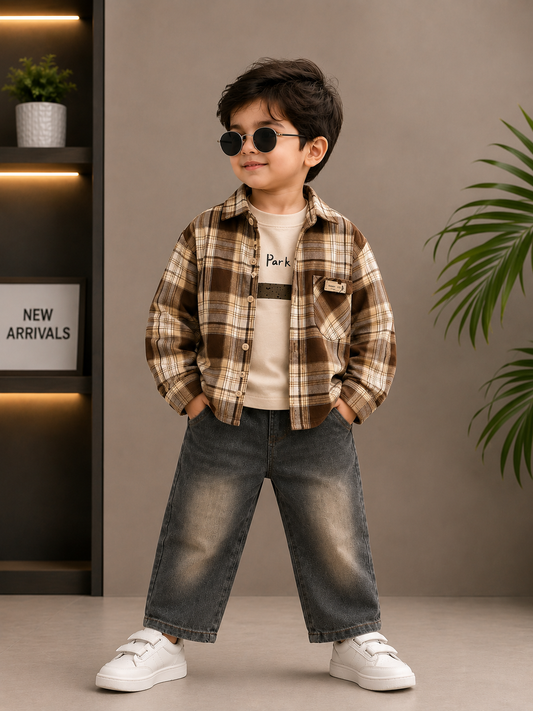 Boys 3-Piece Brown Checked Shirt, Printed T-Shirt & Denim Jeans Set | Casual Outfit | 1-5 Years