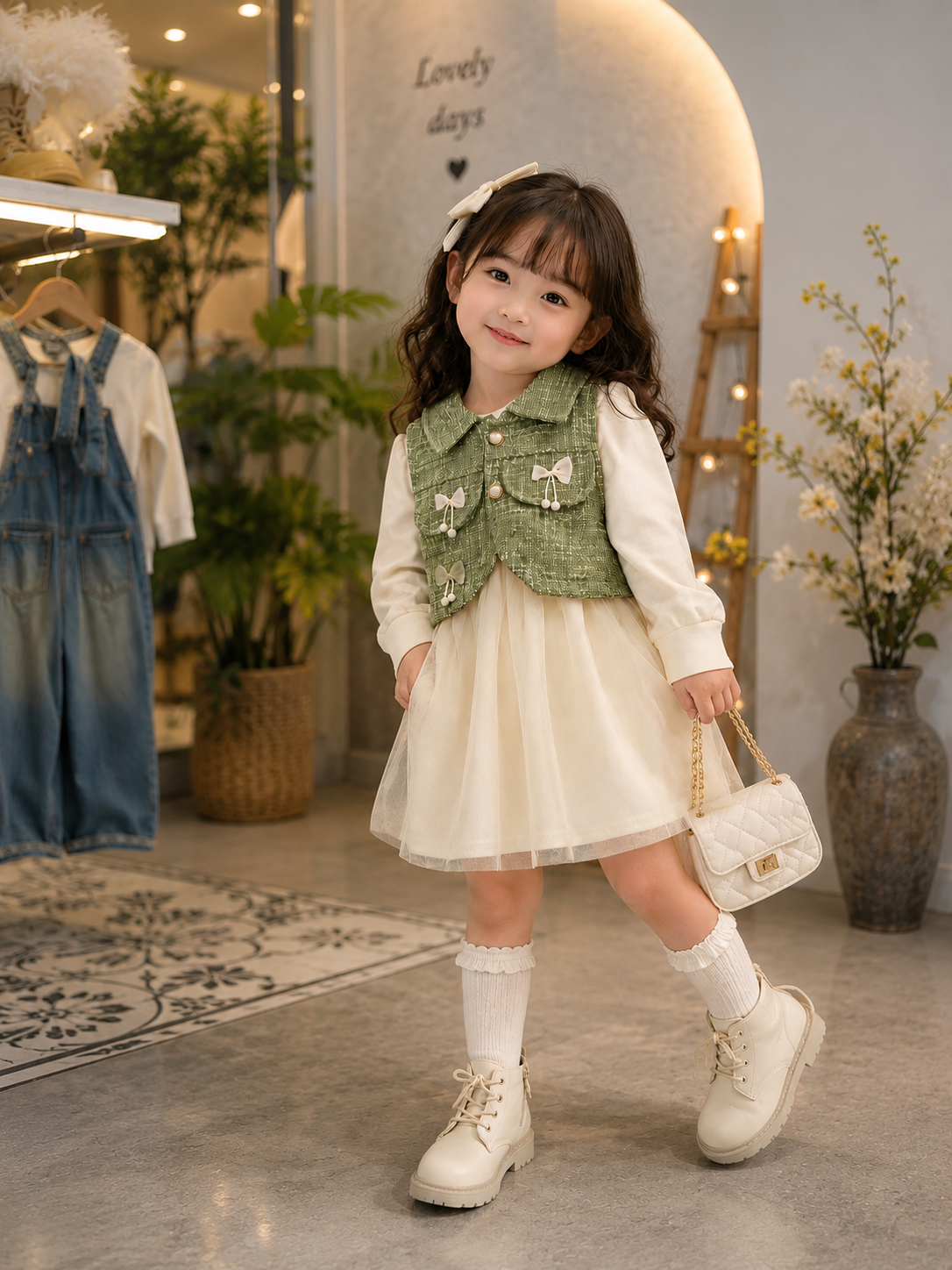 Girls Elegant Layered Party Frock with Green Bow Vest | Premium Dress | 1-5 Years